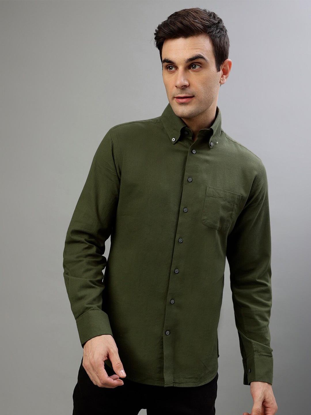 

Bruun & Stengade Slim Fit Button-Down Collar Casual Pure Cotton Shirt, Olive