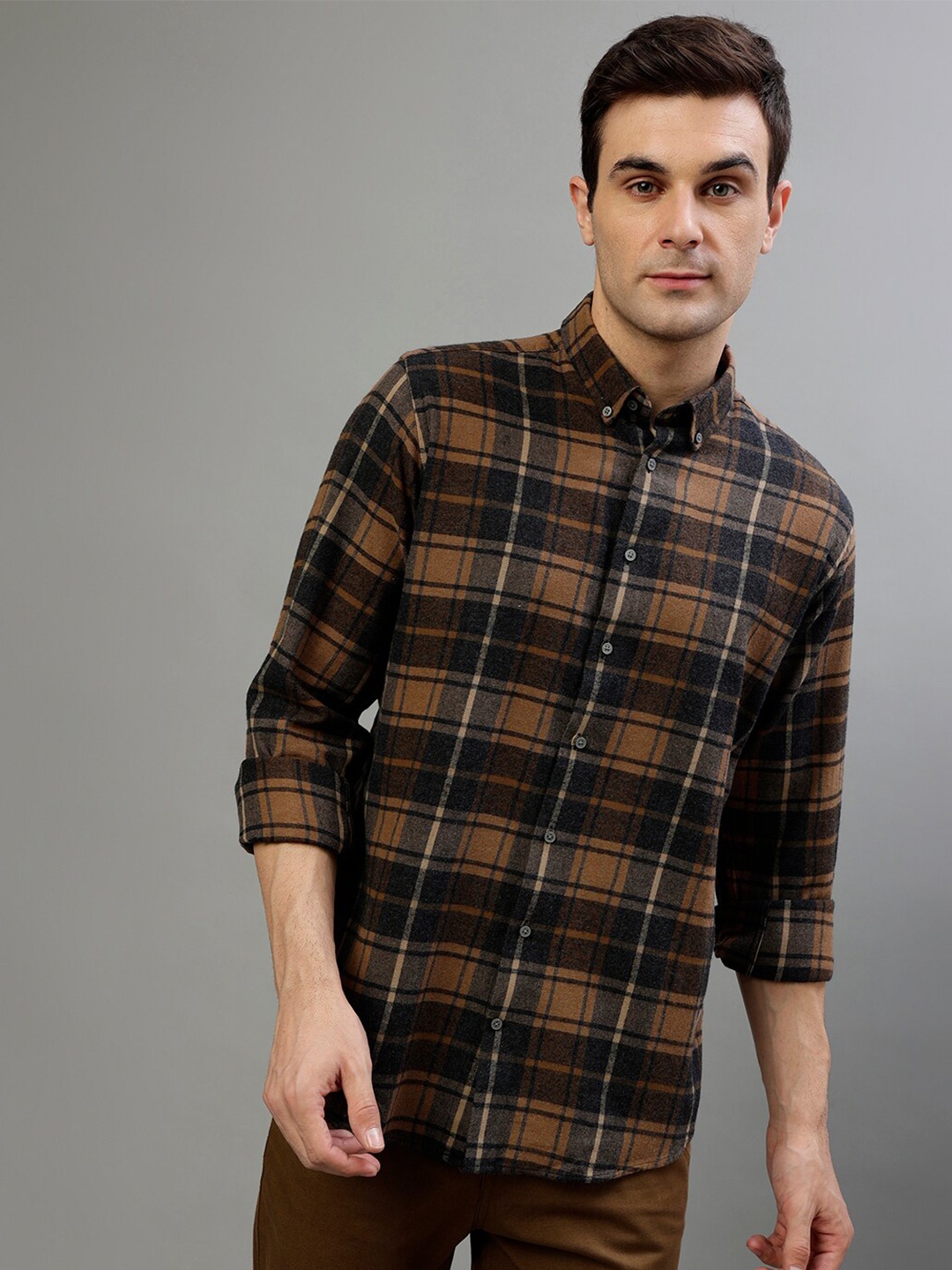 

Bruun & Stengade Tartan Checked Knitted Button-Down Collar Casual Pure Cotton Shirt, Brown