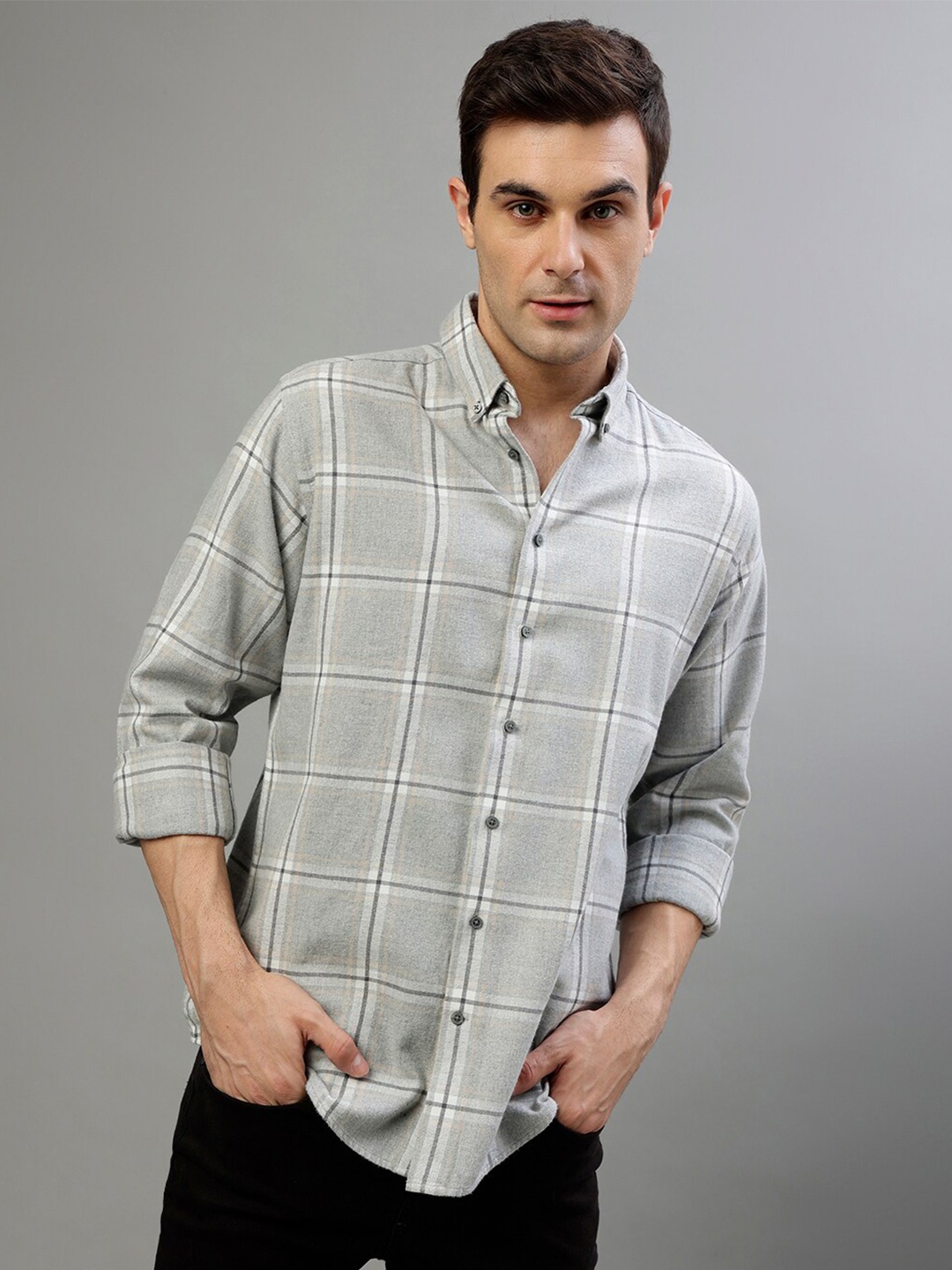 

Bruun & Stengade Checked Button-Down Collar Casual Pure Cotton Shirt, Grey