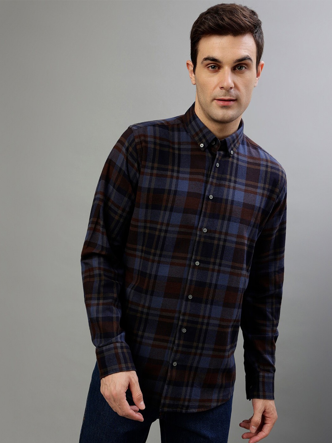 

Bruun & Stengade Tartan Checked Button-Down Collar Casual Pure Cotton Shirt, Brown