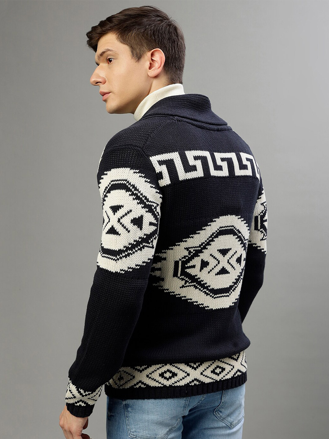 

LINDBERGH Graphic Printed Shawl Collar Pure Cotton Cardigan Sweater, Navy blue