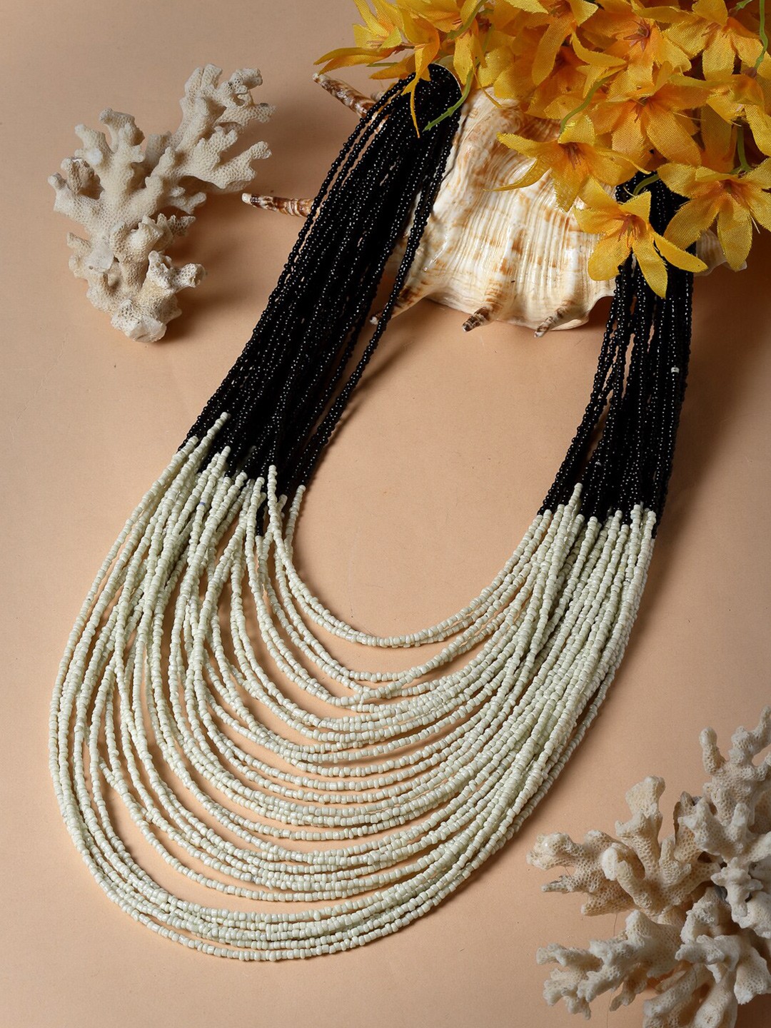 

Moedbuille Brass Gold-Plated Layered Design Beads Studded Necklace, Black
