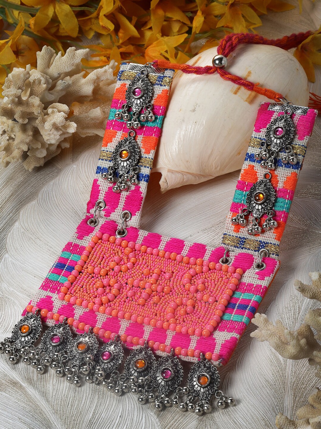 

Moedbuille Crystals & Beads Afghan Design Brass Silver-Plated Necklace, Pink