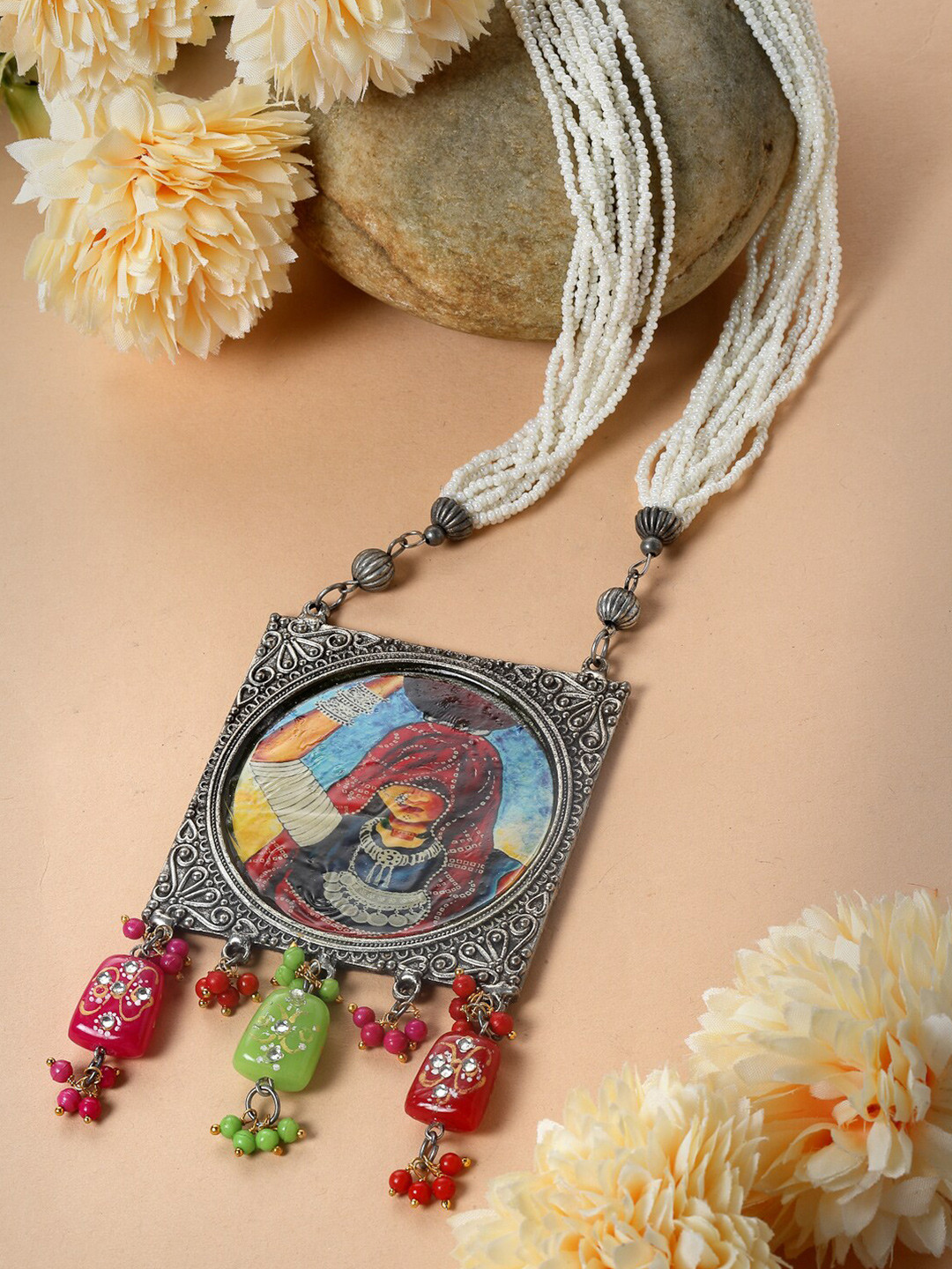 

Moedbuille Silver-Plated Pearls Hand Painted Menakari Necklace, Off white