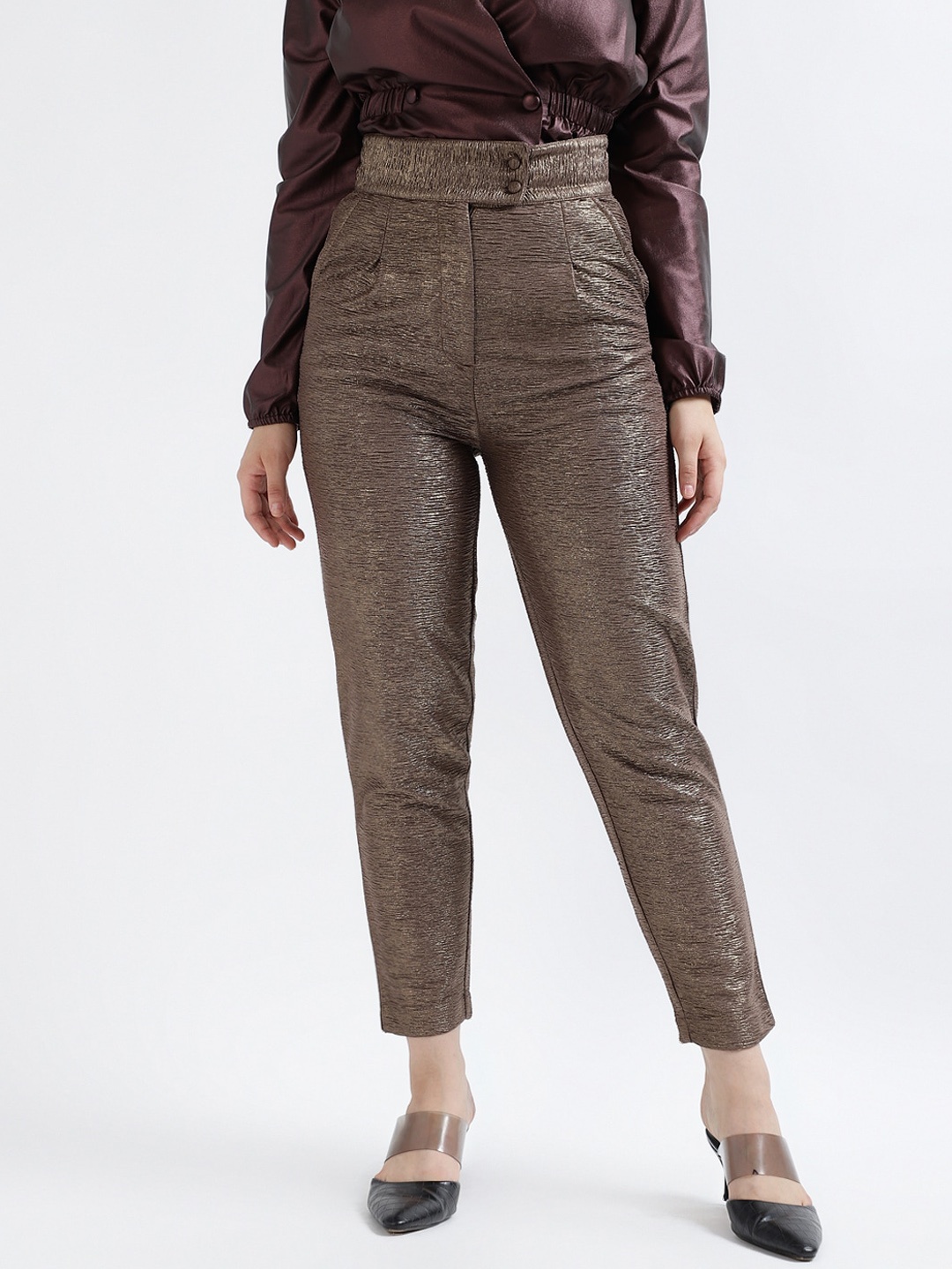 

CENTRESTAGE Women Slim Fit High Rise Plain Trousers, Copper