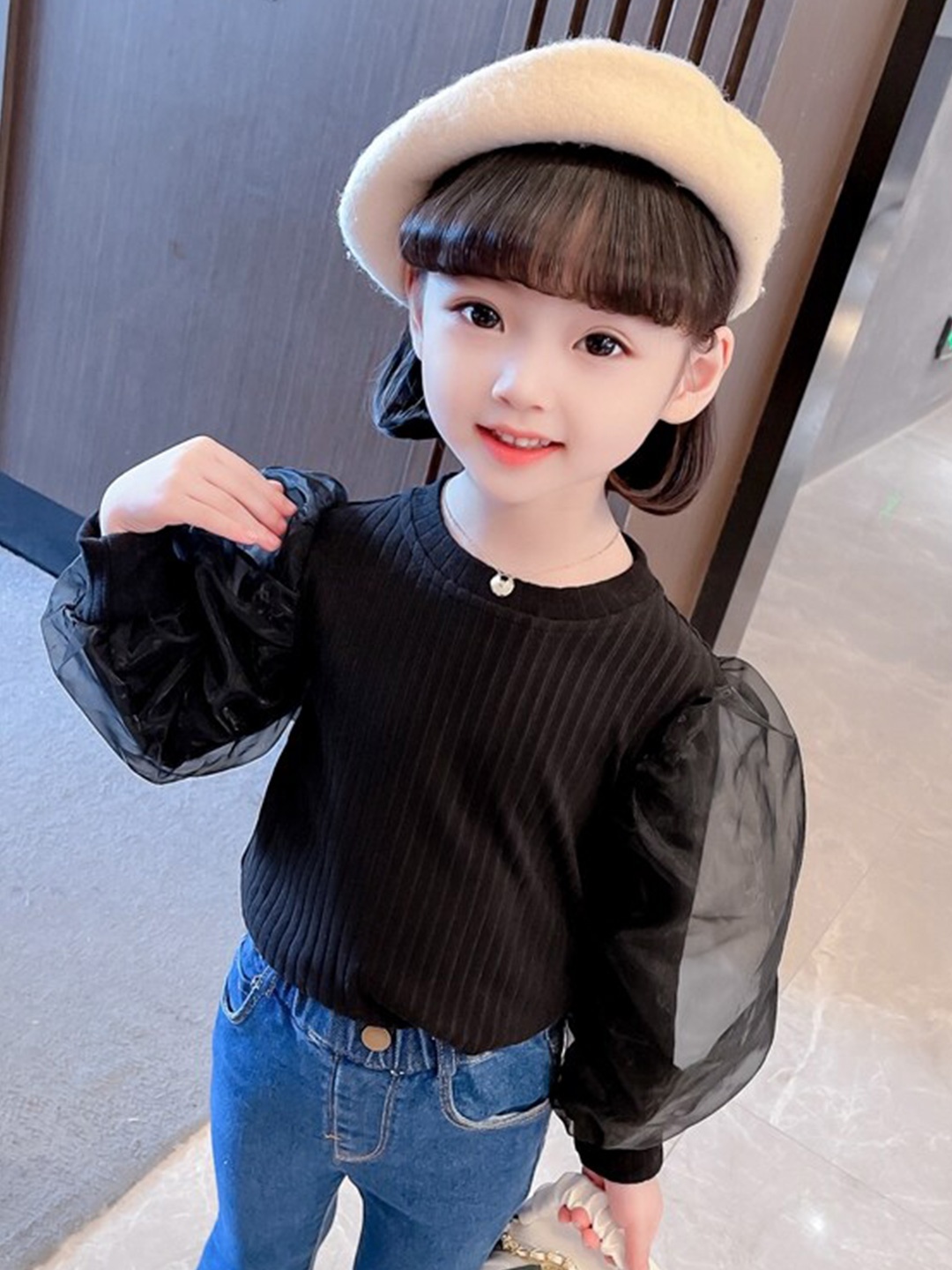 

StyleCast Girls Black Striped Puff Sleeve Cotton Top