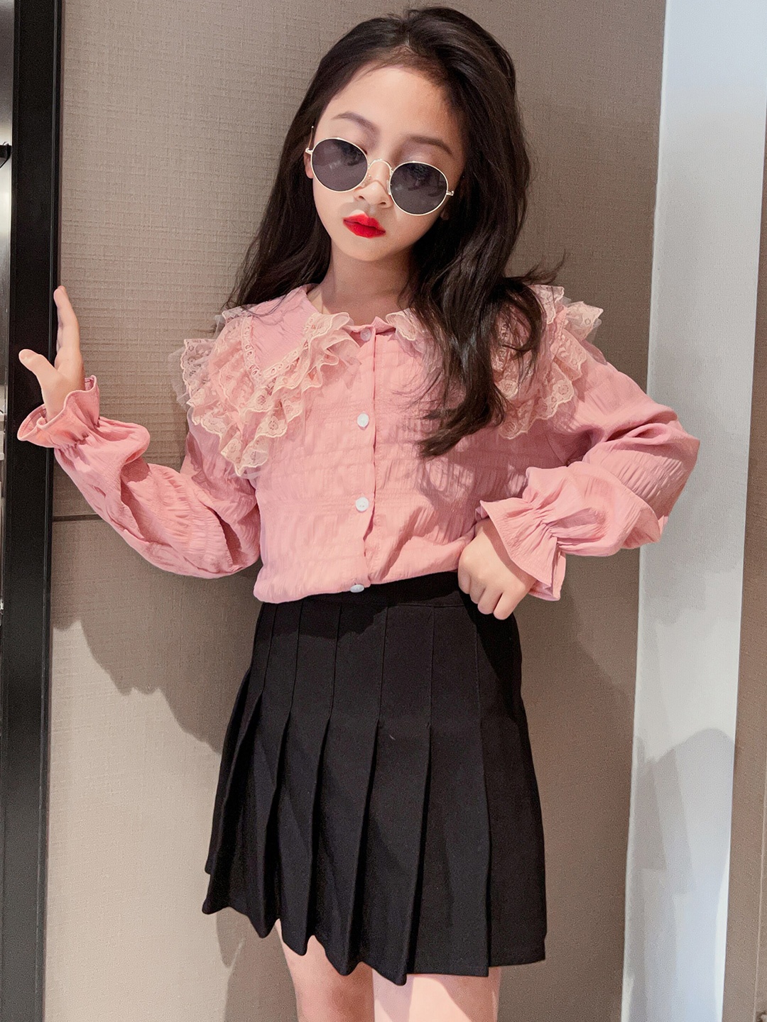 

StyleCast Pink Girls Self Design Peter Pan Collar Cotton Crochet Ruffled Shirt Style Top