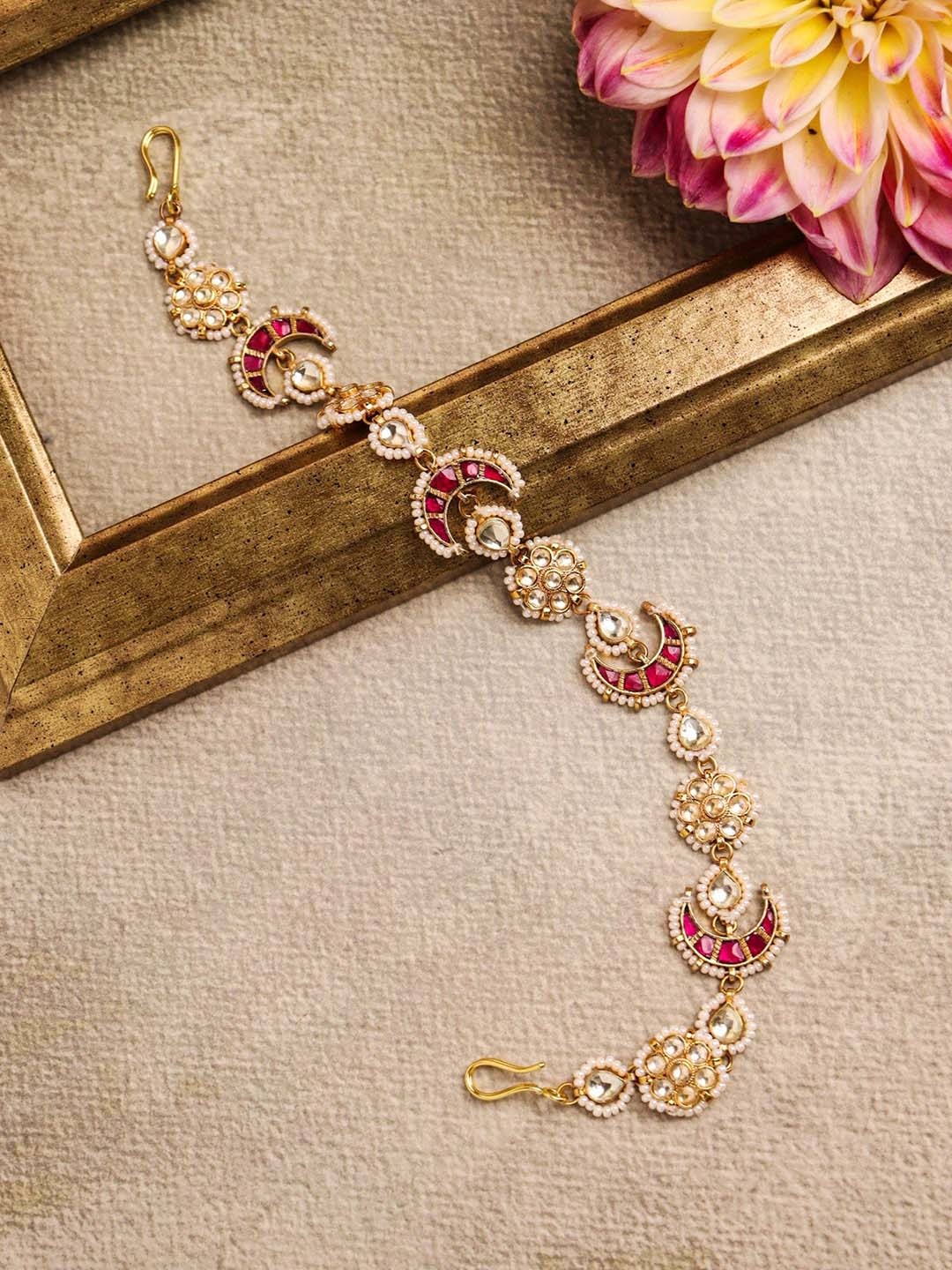 

CURIO COTTAGE Gold-Plated Kundan-Stone Studded Floral Sheeshphool Mathapatti