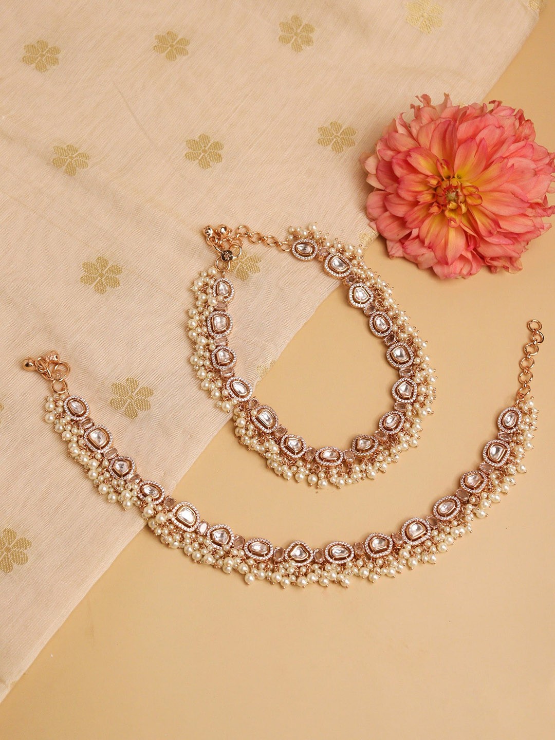

CURIO COTTAGE Gold-Plated Kundan & Beads Studded Anklet