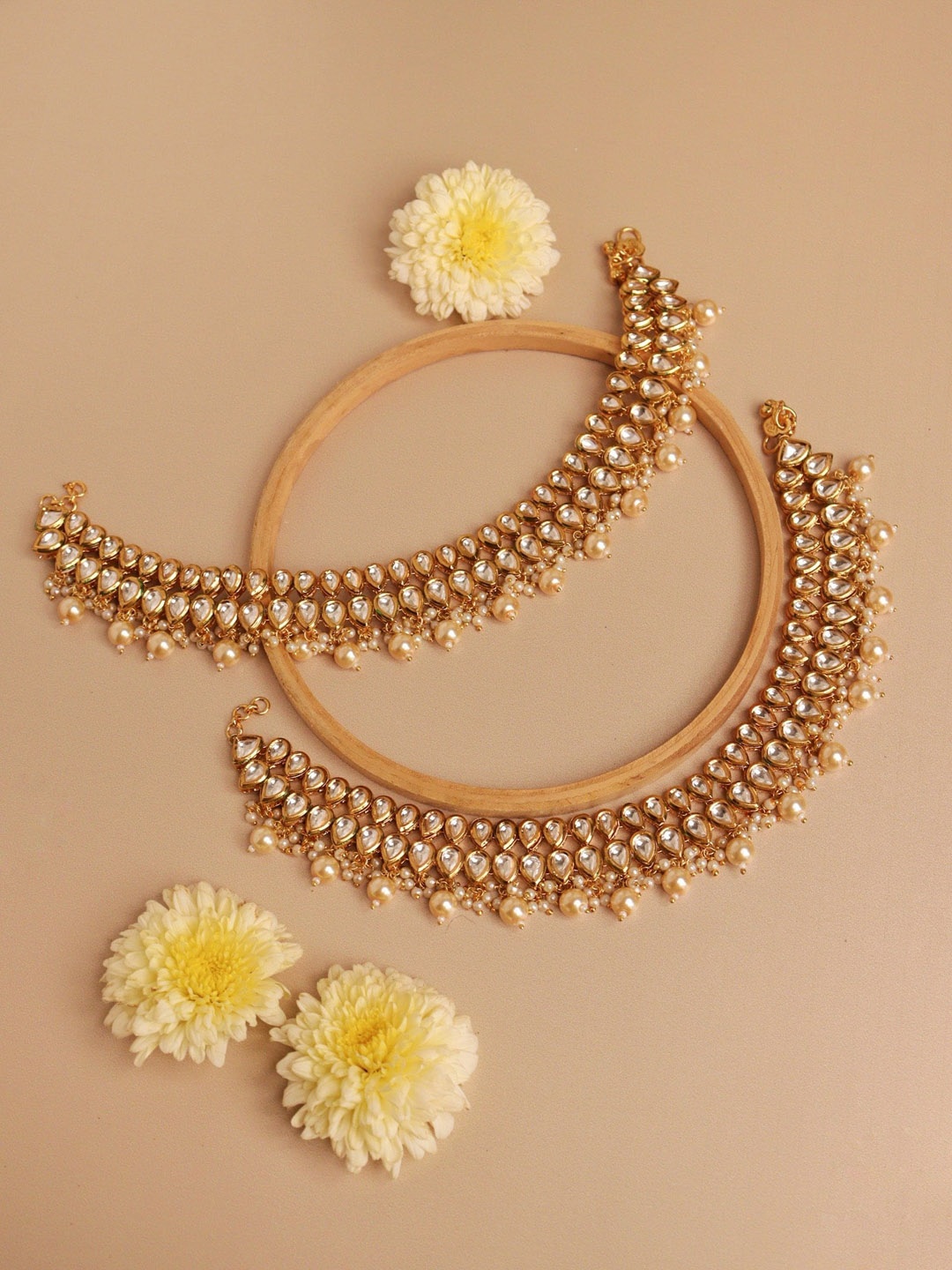 

CURIO COTTAGE Gold Plated Kundan Studded & Beaded Anklets