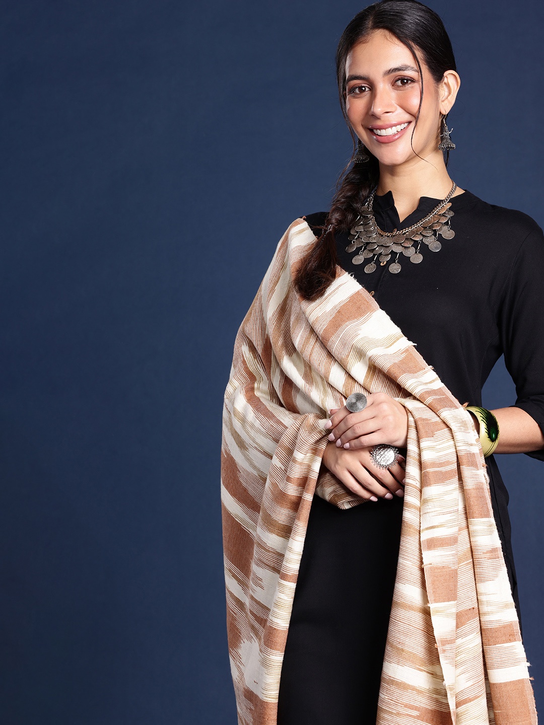 

Taavi Women Striped Handloom Slubbed Cotton Winter Stole, Brown