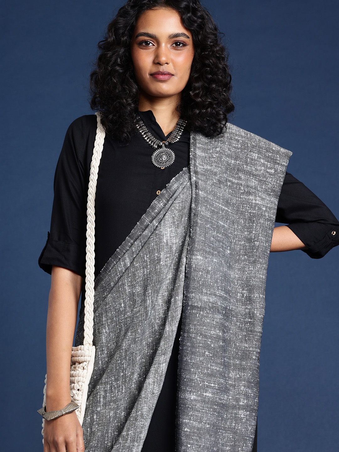 

Taavi Woven Design Tasselled Cotton Blend Dupatta, Grey