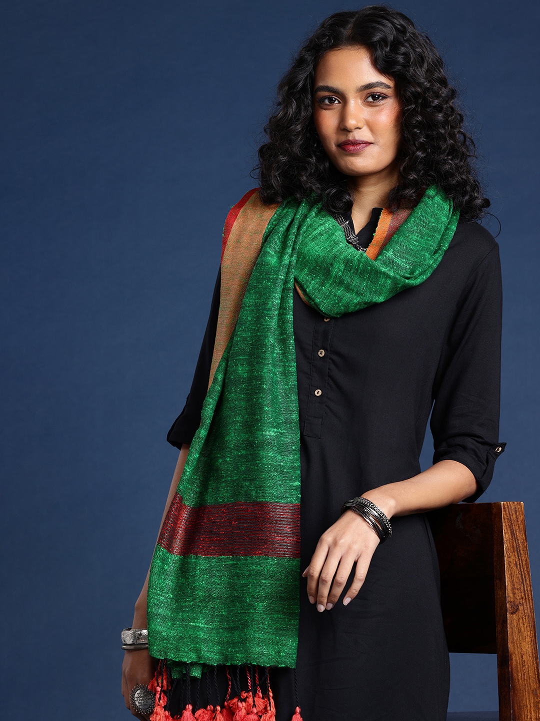 

Taavi Woven Design Tasselled Dupatta, Green