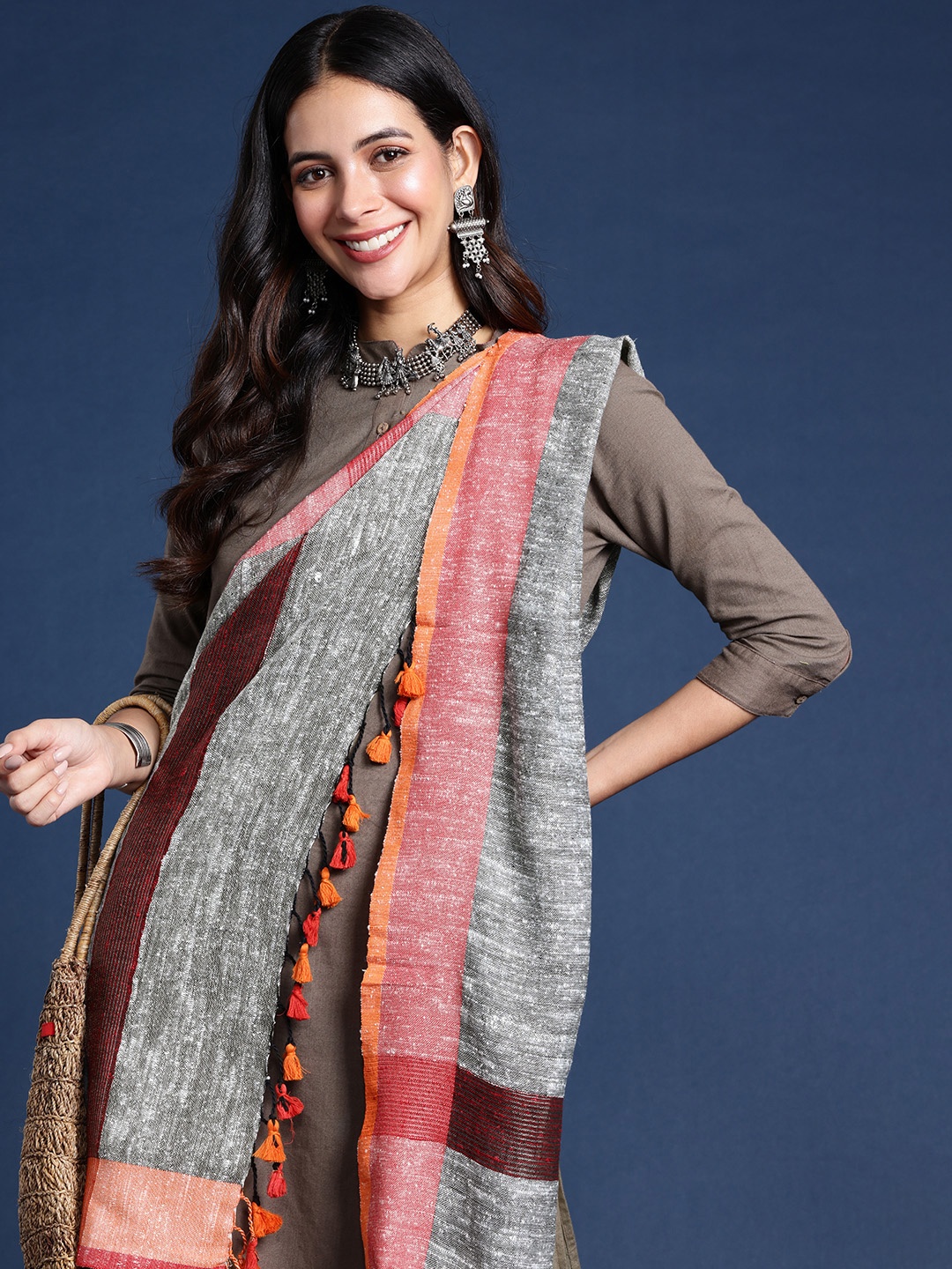 

Taavi Woven Design Tasselled Cotton Blend Dupatta, Grey