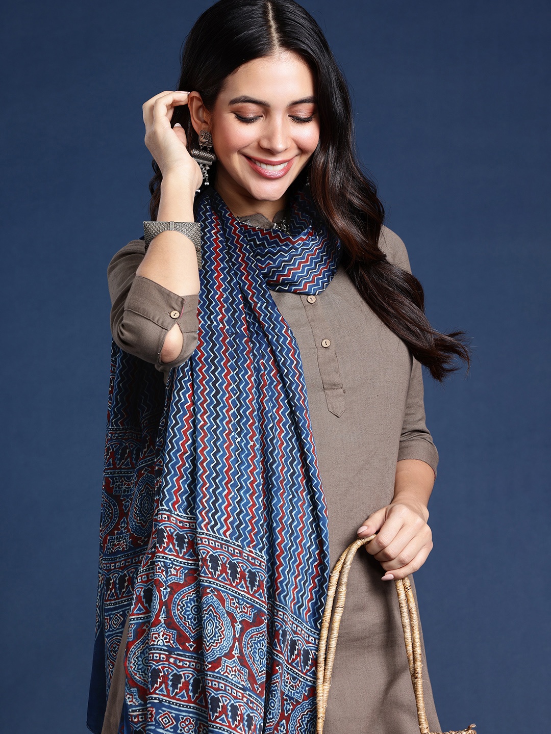 

Taavi Ethnic Motifs Printed Block Print Dupatta, Blue