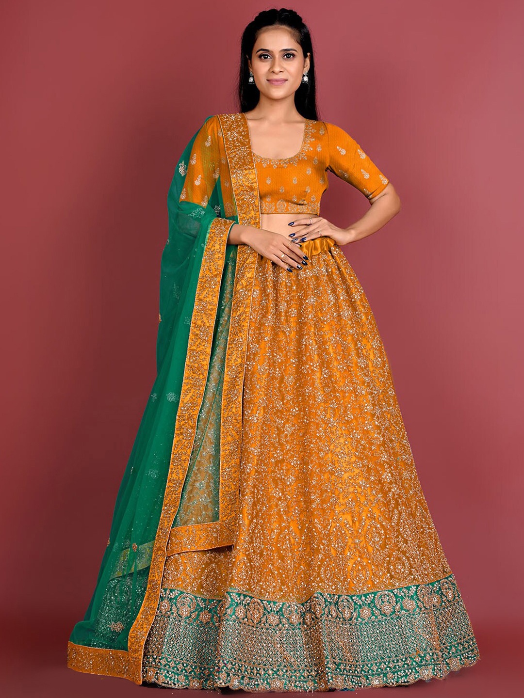 

HALFSAREE STUDIO Mustard & Embroidered Semi-Stitched Lehenga & Unstitched Blouse With Dupatta