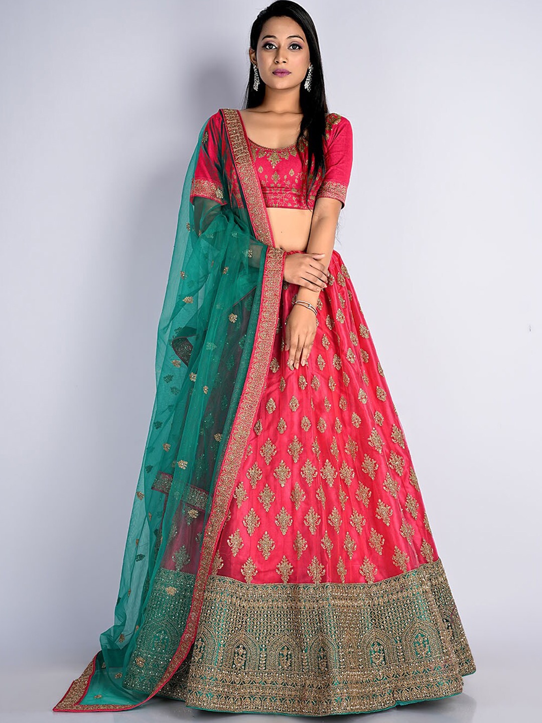 

HALFSAREE STUDIO Red & Embroidered Semi-Stitched Lehenga & Unstitched Blouse With Dupatta