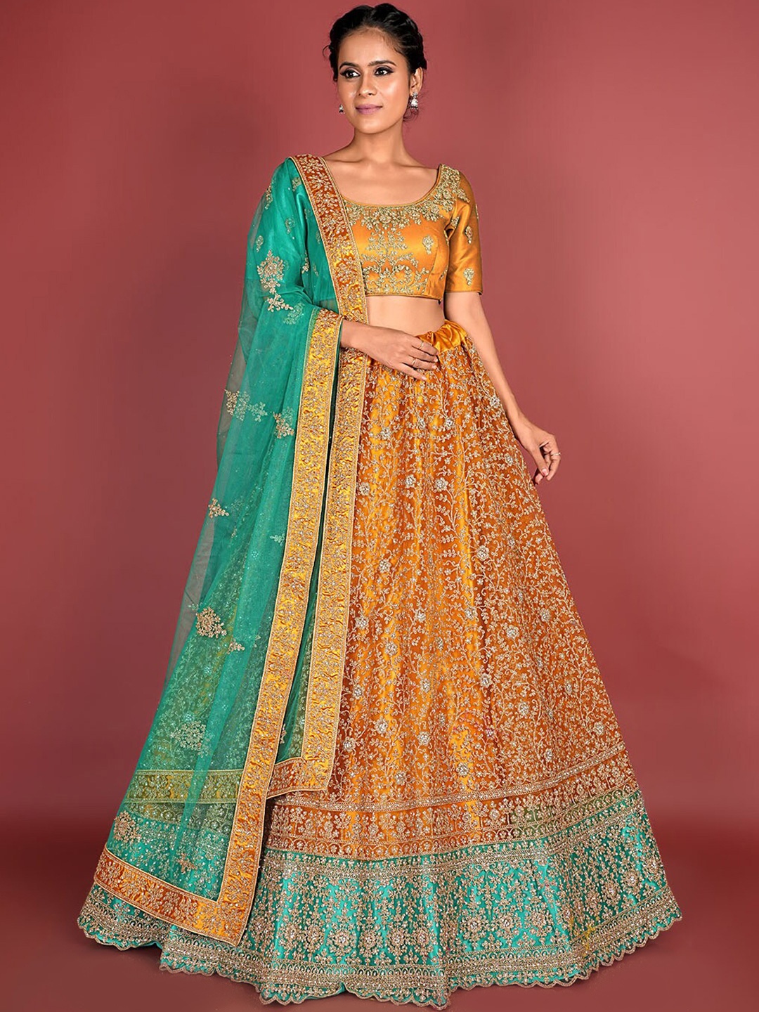 

HALFSAREE STUDIO Mustard & Embroidered Semi-Stitched Lehenga & Unstitched Blouse With Dupatta