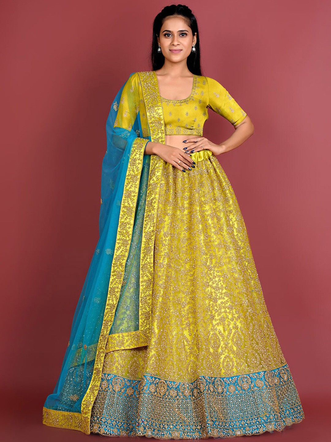

HALFSAREE STUDIO Yellow & Embroidered Semi-Stitched Lehenga & Unstitched Blouse With Dupatta