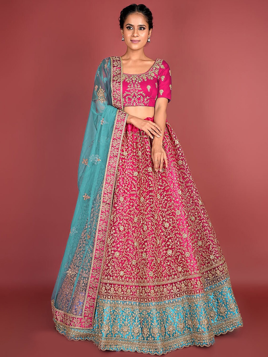 

HALFSAREE STUDIO Pink & Embroidered Semi-Stitched Lehenga & Unstitched Blouse With Dupatta