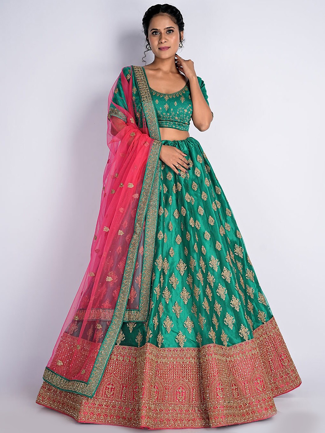 

HALFSAREE STUDIO Pink & Embroidered Semi-Stitched Lehenga & Unstitched Blouse With Dupatta