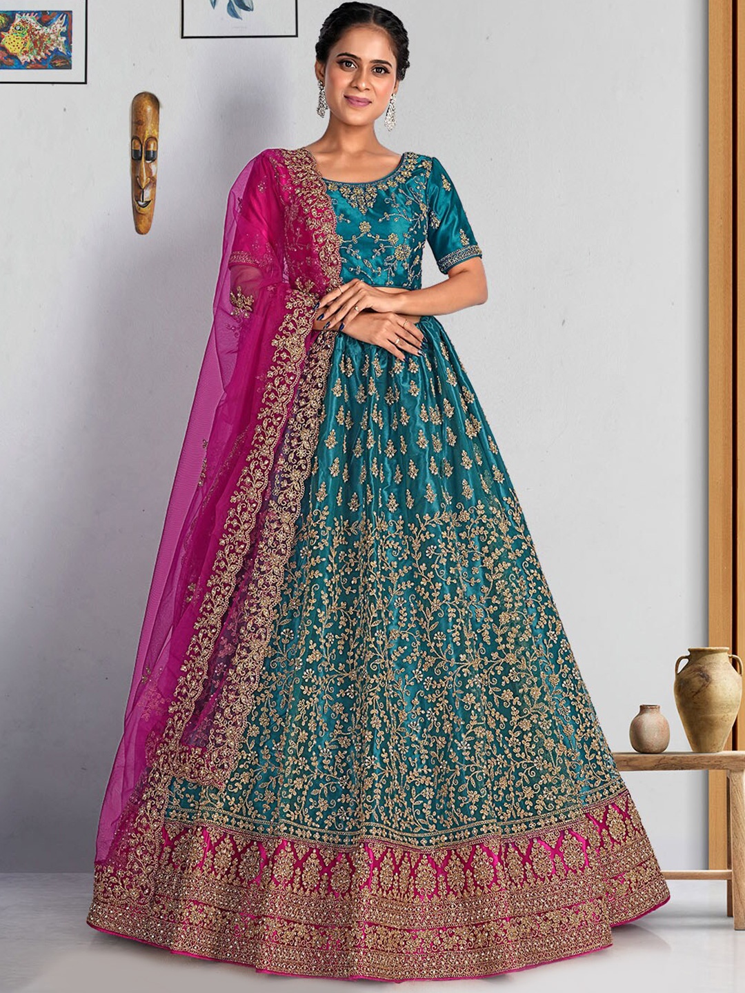 

HALFSAREE STUDIO Blue & Embroidered Semi-Stitched Lehenga & Unstitched Blouse With Dupatta