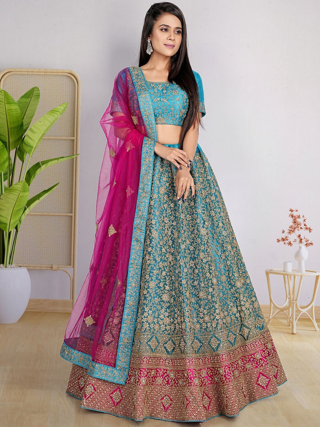

HALFSAREE STUDIO Blue & Embroidered Semi-Stitched Lehenga & Unstitched Blouse With Dupatta