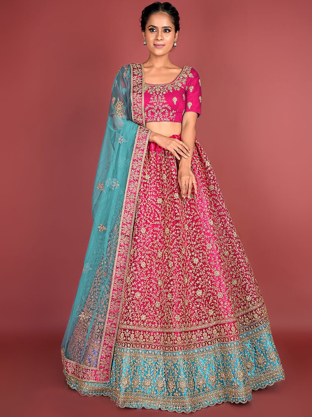 

HALFSAREE STUDIO Pink & Embroidered Semi-Stitched Lehenga & Unstitched Blouse With Dupatta