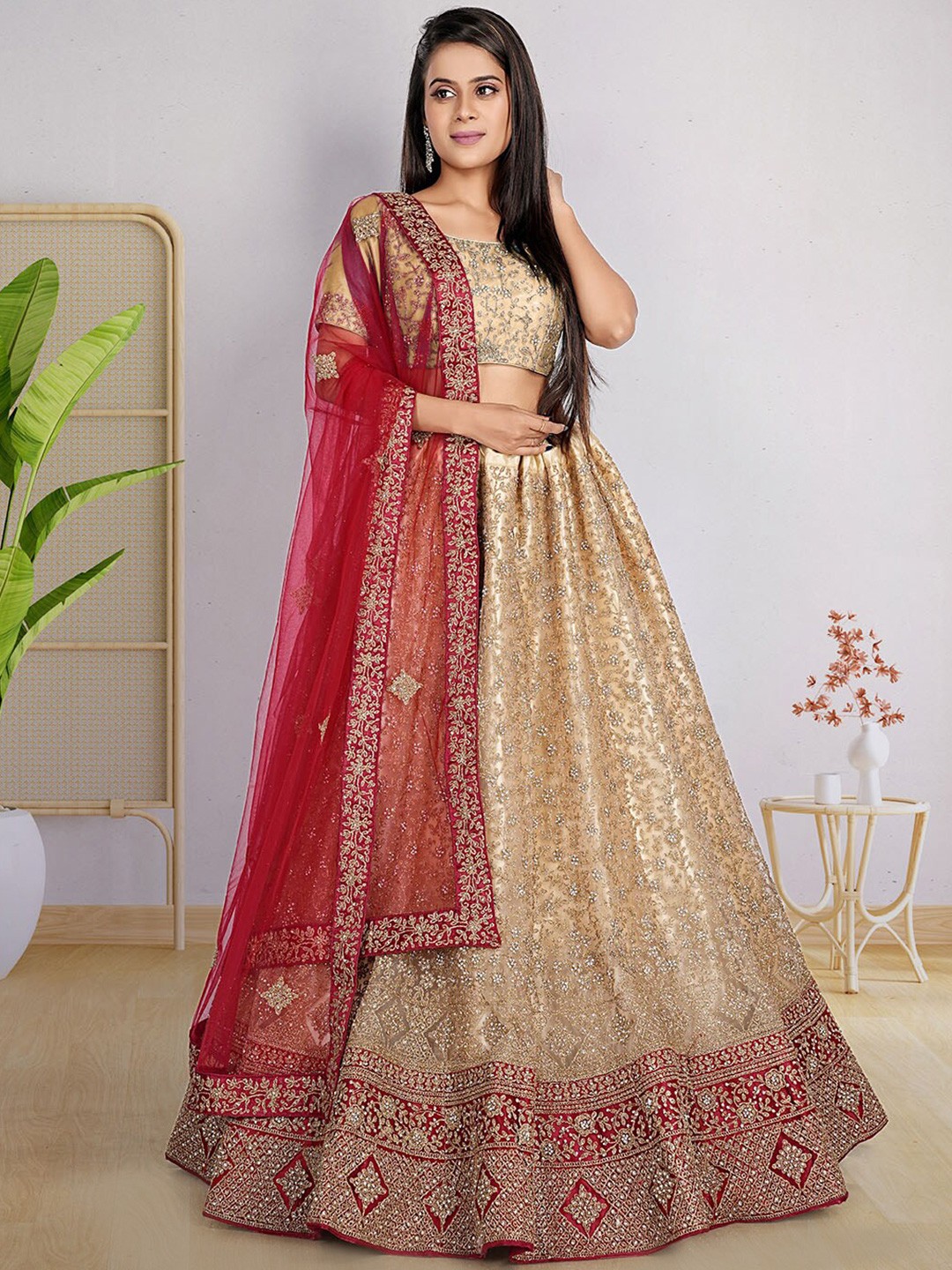 

HALFSAREE STUDIO Red & Embroidered Semi-Stitched Lehenga & Unstitched Blouse With Dupatta