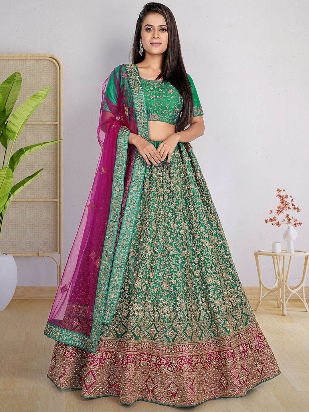 

HALFSAREE STUDIO Green & Embroidered Semi-Stitched Lehenga & Unstitched Blouse With Dupatta