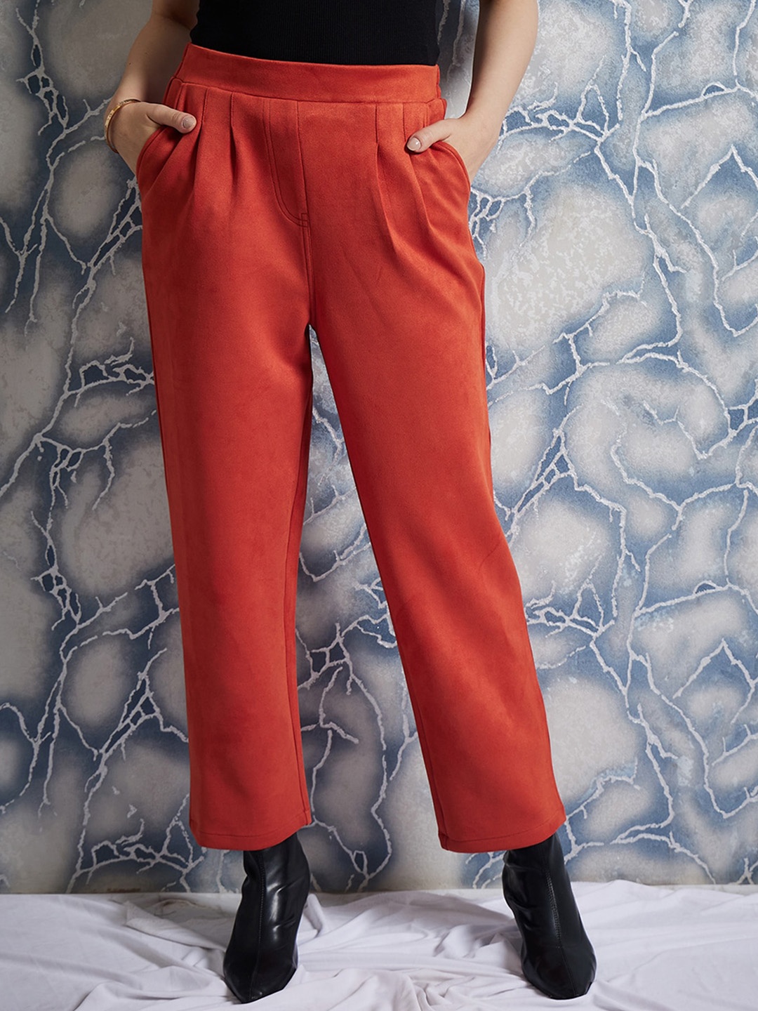 

Athena Women Rust Tailored Mid-Rise Easy Wash Pleated Regular Trousers
