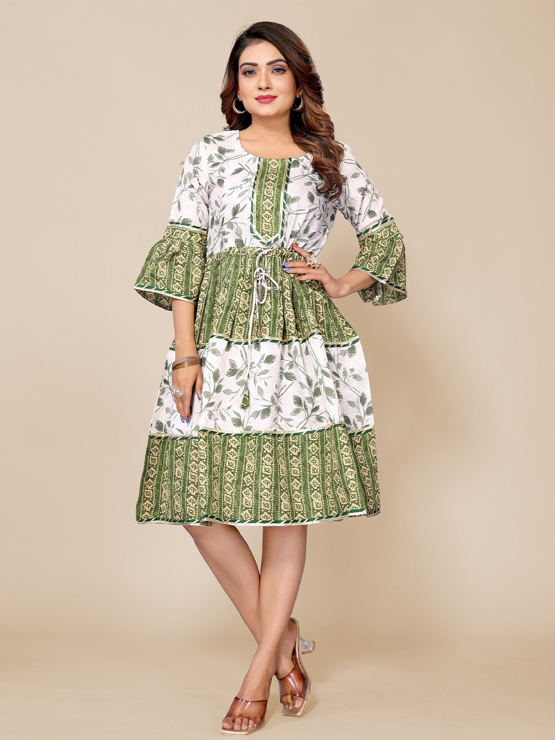 

Krimmple Floral Printed Fit & Flare Dress, Green