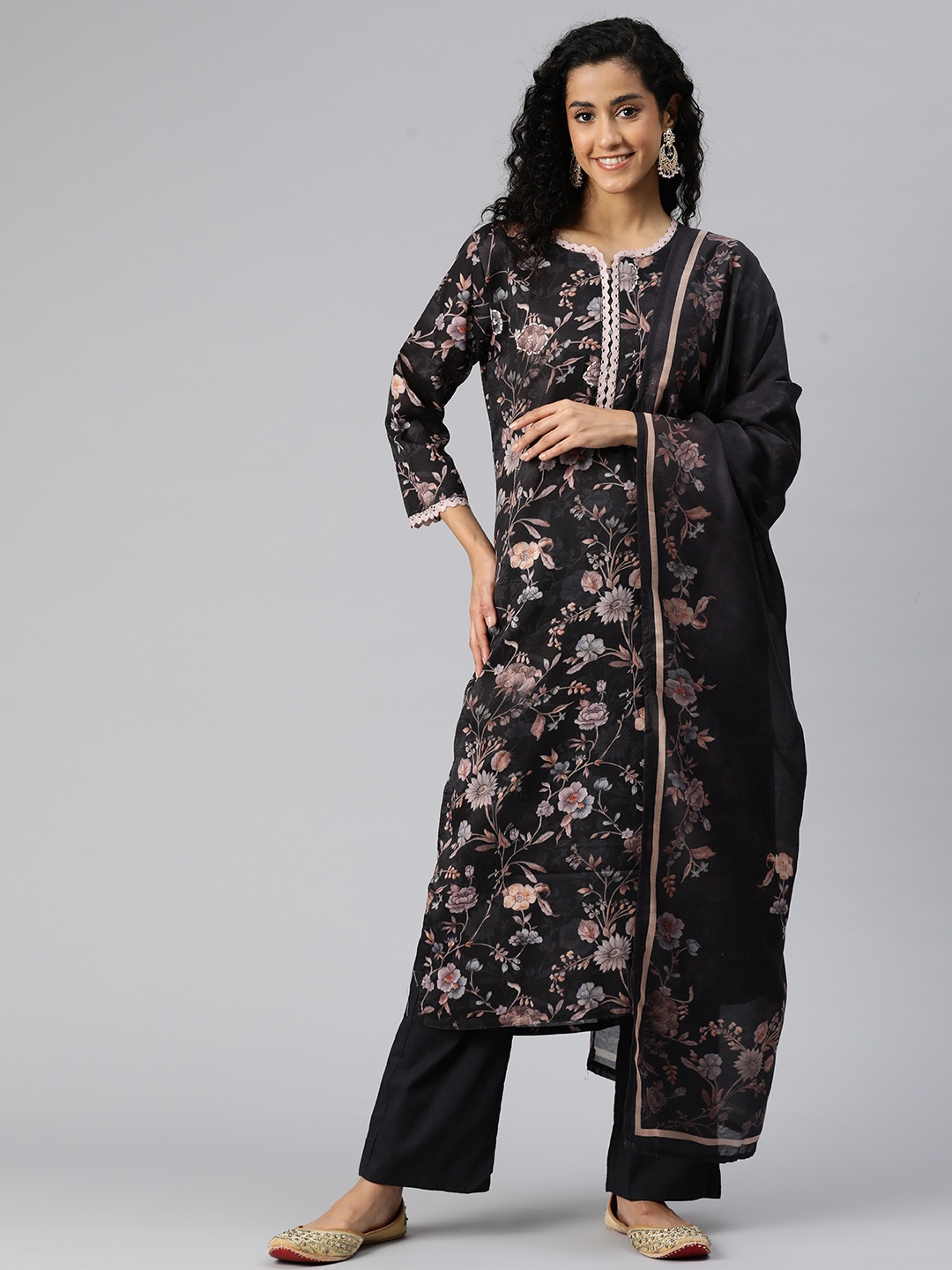 

Readiprint Fashions Women Printed Sequinned Pure Cotton Kurta with Palazzos & With Dupatta, Black