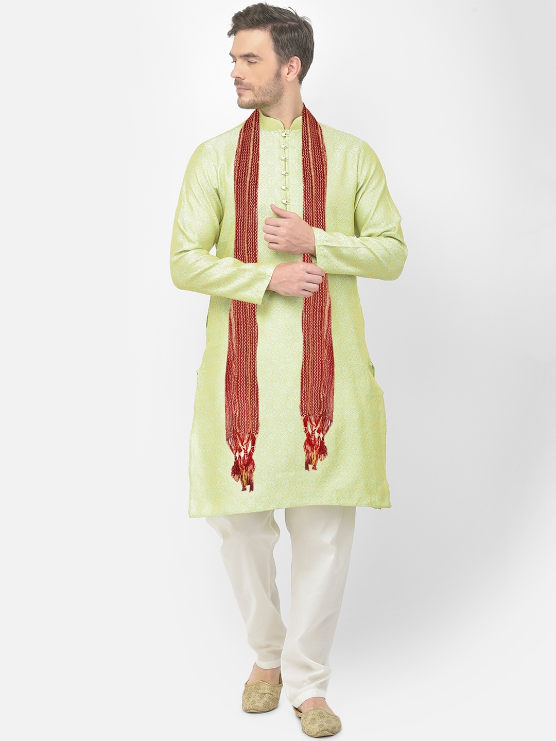 

SG LEMAN Ethnic Motifs Woven Design Silk Georgette Jacquard Kurta With Trousers & Dupatta, Green