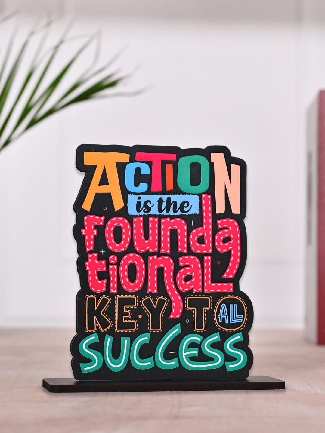 

DecorTwist Pink & Black Quote Printed Wooden Table Showpiece