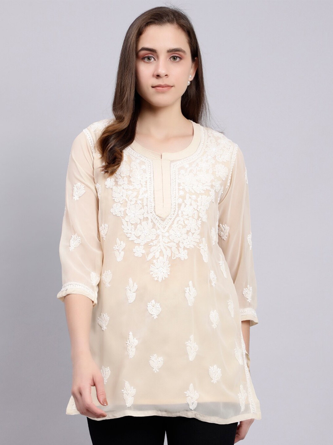 

Seva Chikan Ethnic Motifs Embroidered Lucknowi Chikankari Kurti With Inner, Beige