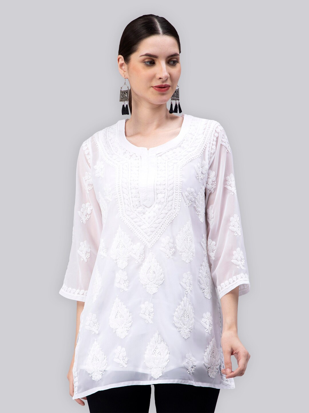 

Seva Chikan Ethnic Motifs Embroidered Lucknowi Chikankari Kurti With Inner, White