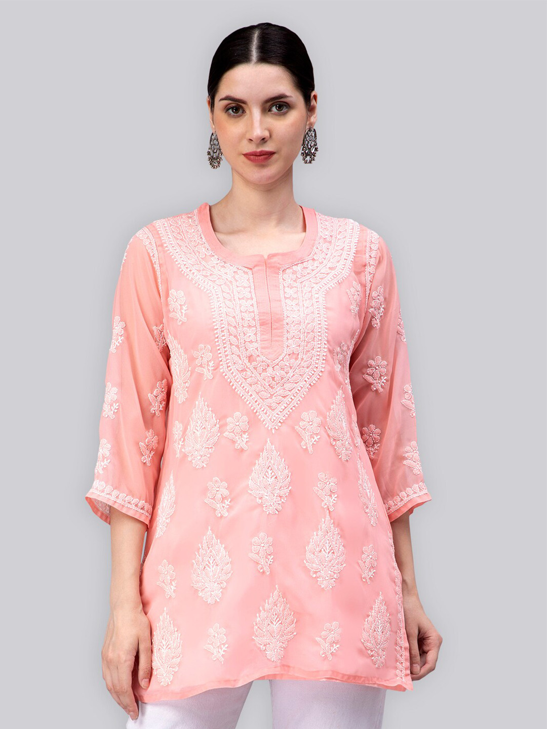 

Seva Chikan Ethnic Motifs Embroidered Lucknowi Chikankari Kurti With Inner, Peach