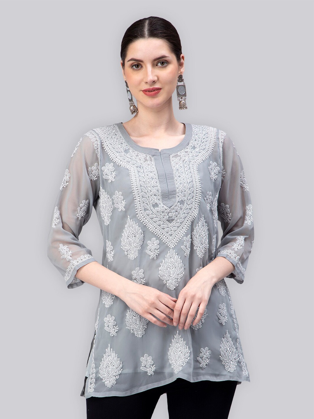 

Seva Chikan Ethnic Motifs Embroidered Lucknowi Chikankari Kurti With Inner, Grey