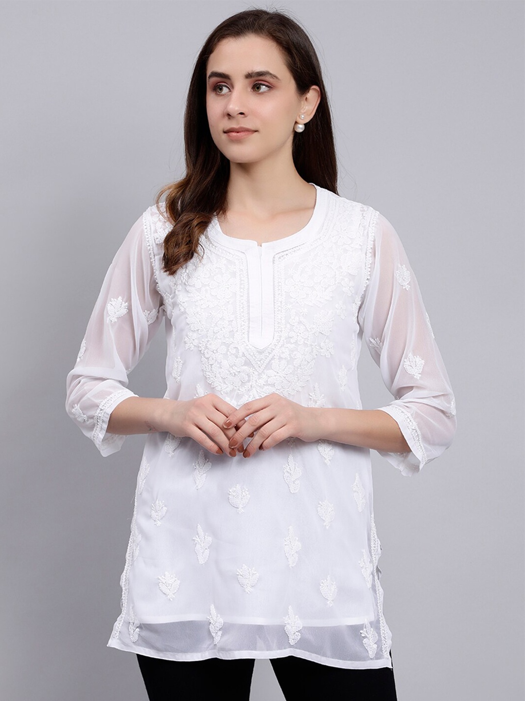 

Seva Chikan Ethnic Motifs Embroidered Chikankari Kurti With Silp, White
