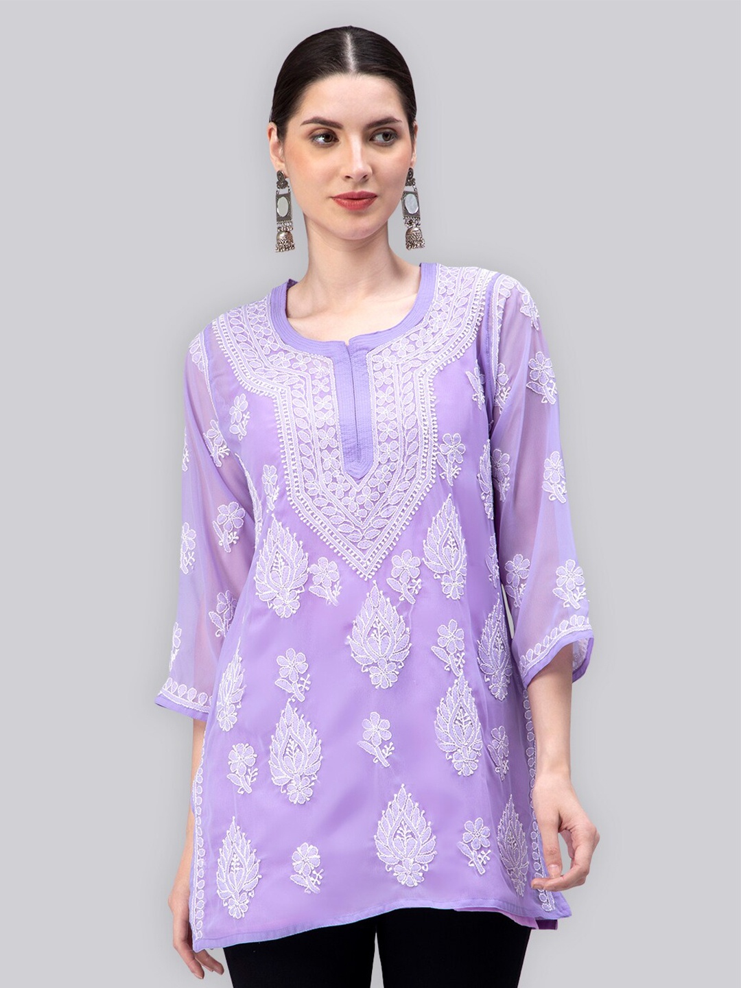 

Seva Chikan Ethnic Motifs Embroidered Georgette Lucknowi Chikankari Kurti with Inner, Lavender