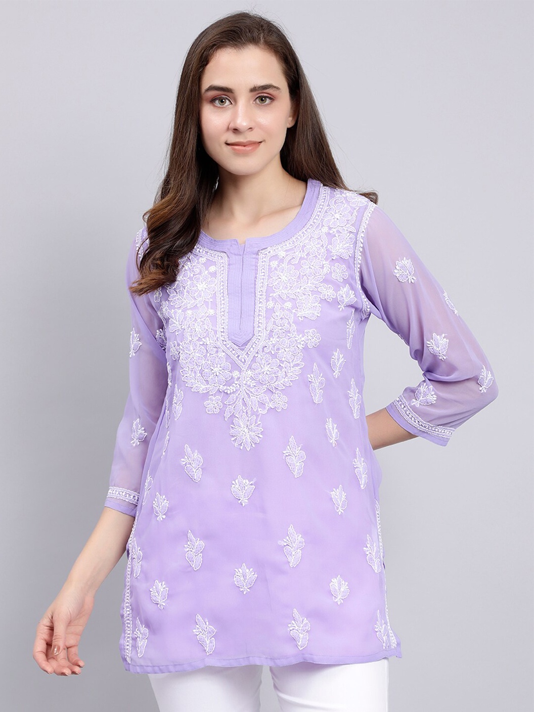 

Seva Chikan Ethnic Motifs Embroidered Lucknowi Chikankari Chikankari Kurti With Slip, Lavender