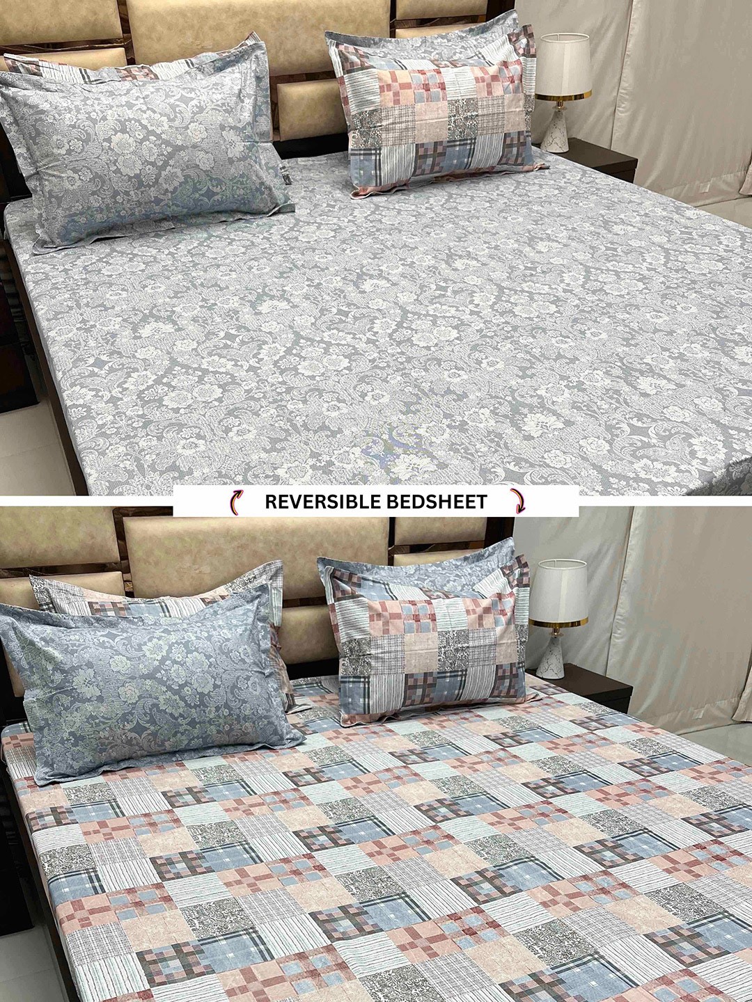 

Pure Decor Grey Printed 400 TC King Pure Cotton Reversible Bedsheet with 4 Pillow Covers