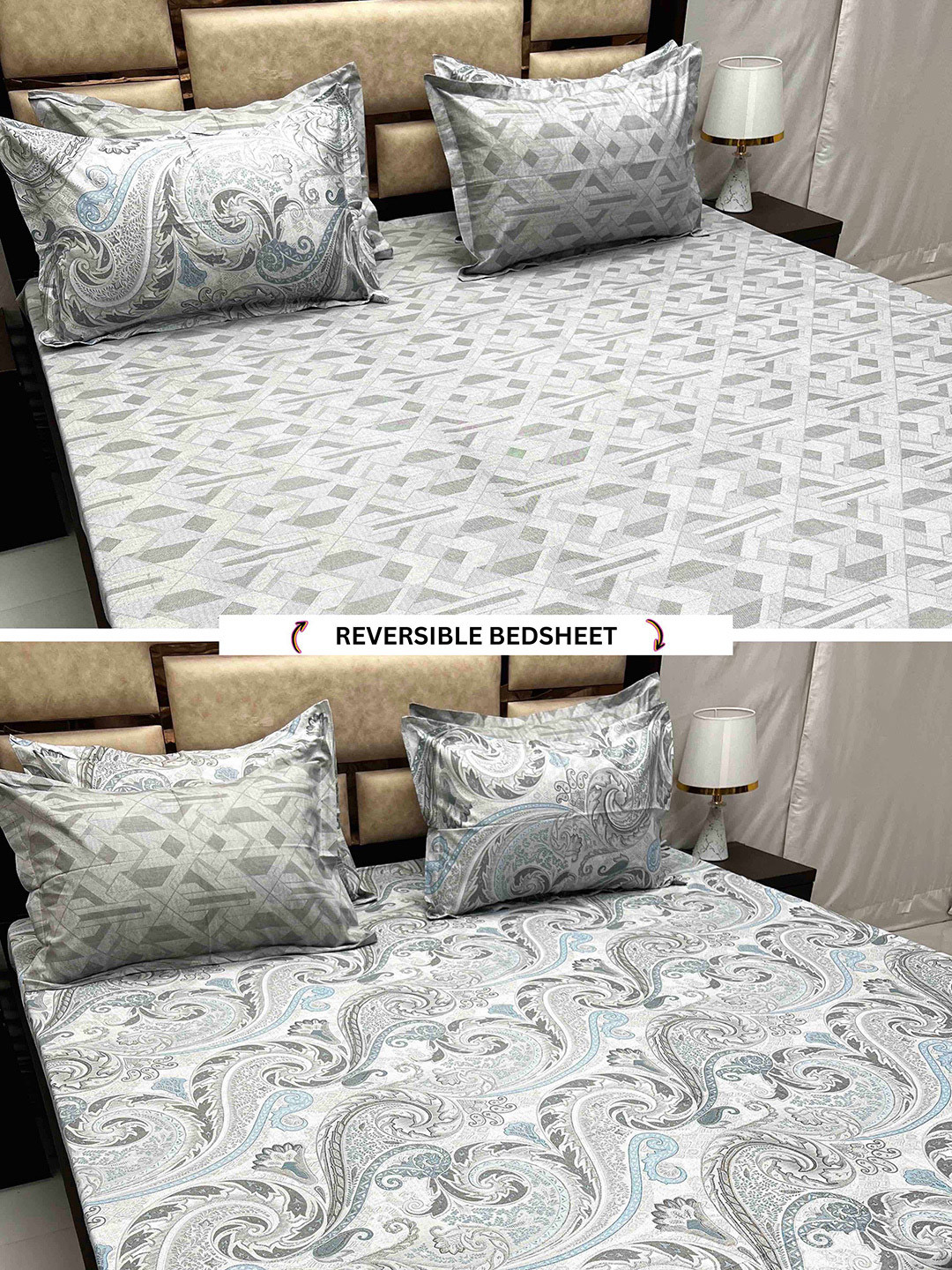 

Pure Decor Beige & Black Reversible Cotton 400 TC King Bedsheet with 4 Pillow Covers