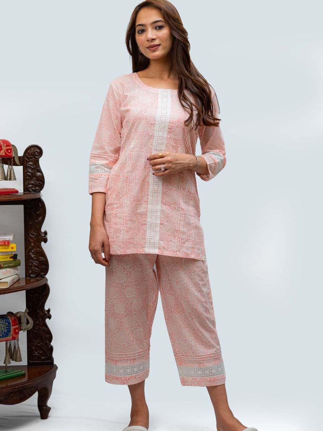 

TSUCCHI TRADITIONS Ethnic Motifs Printed Pure Cotton Tunic With Trouser, White
