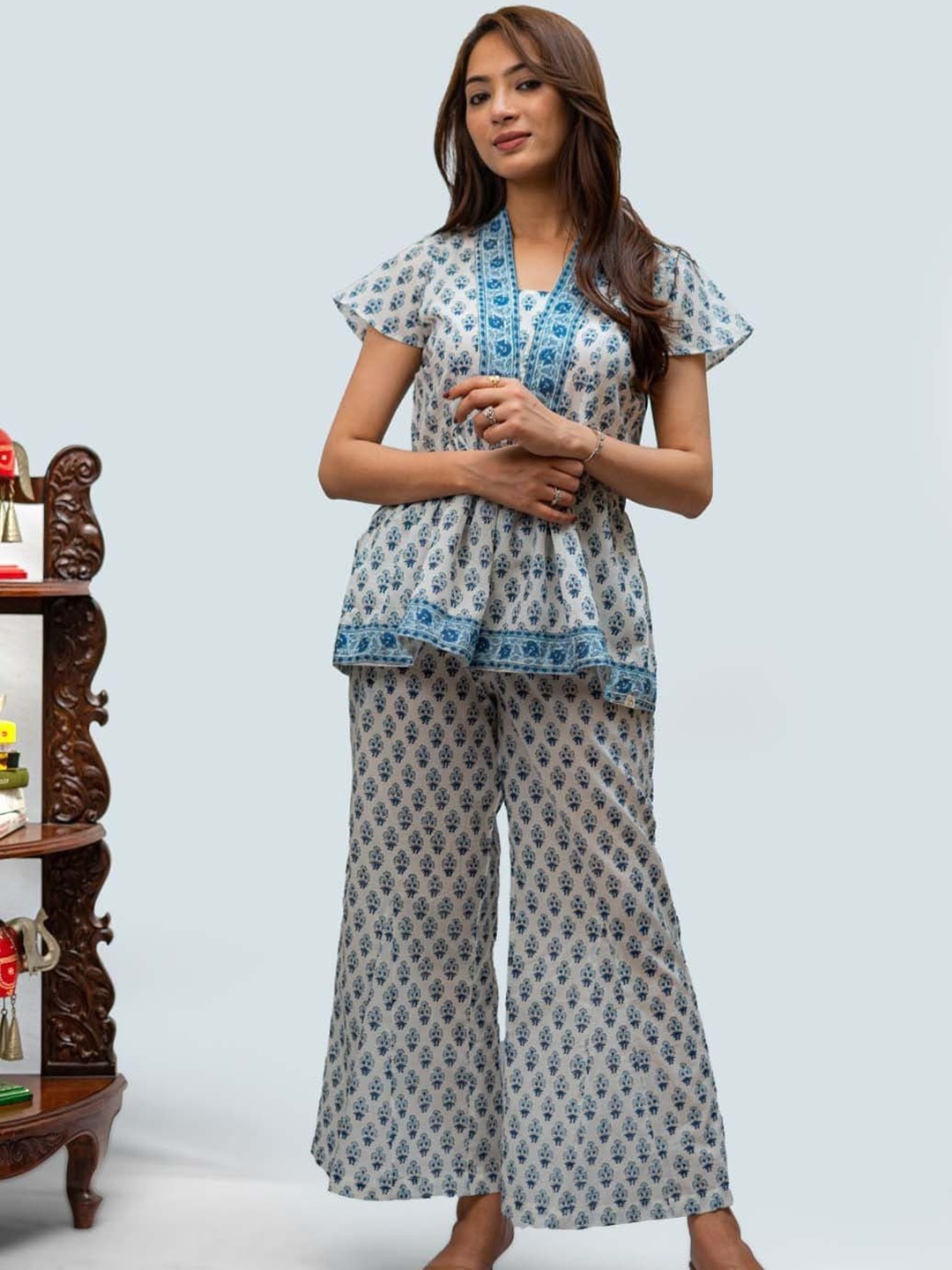 

TSUCCHI TRADITIONS Ethnic Motifs Printed Pure Cotton Tunic With Palazzo, White