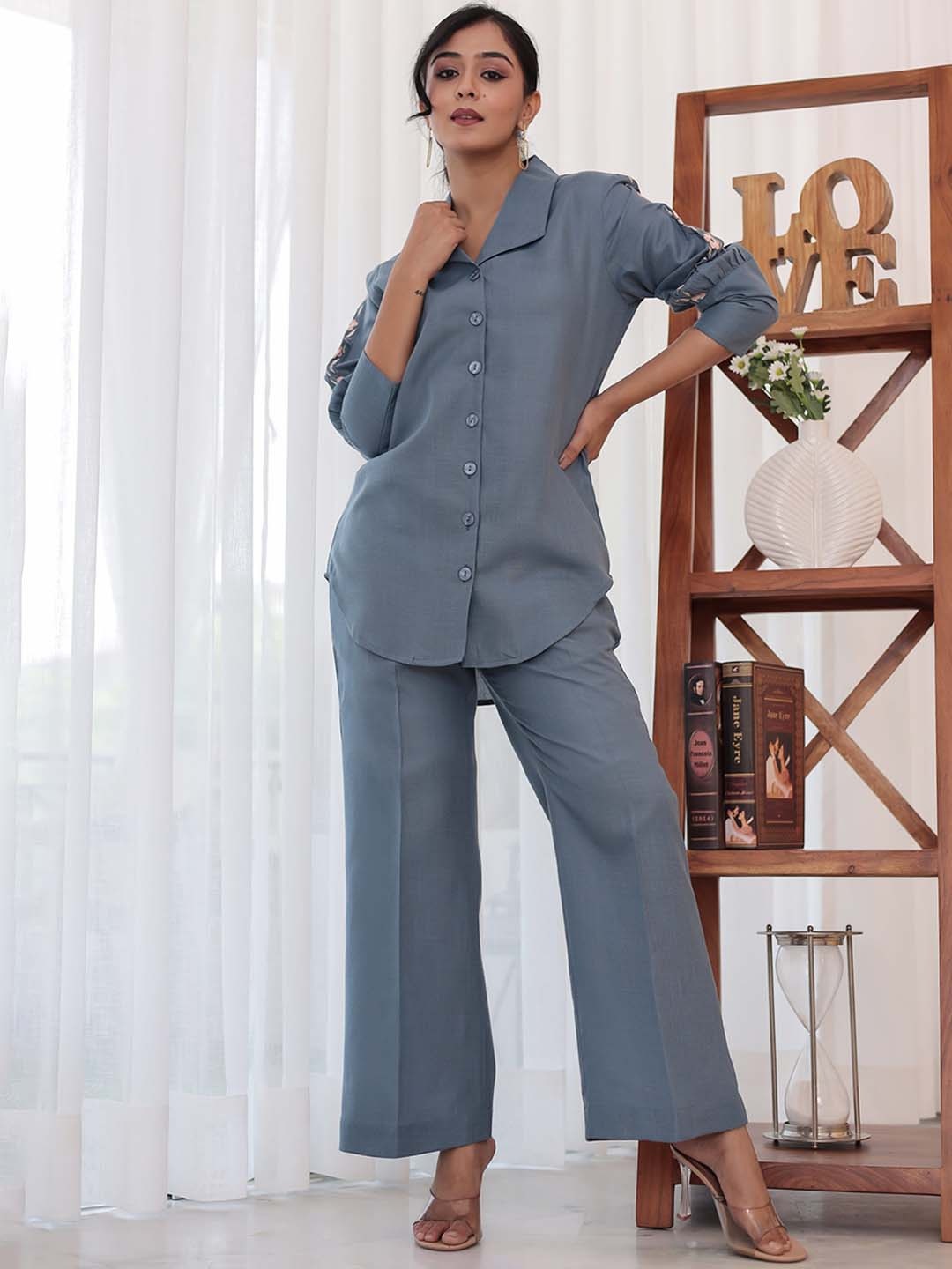 

Indian Virasat Embroidered Linen Shirt With Trousers Co-Ords, Blue
