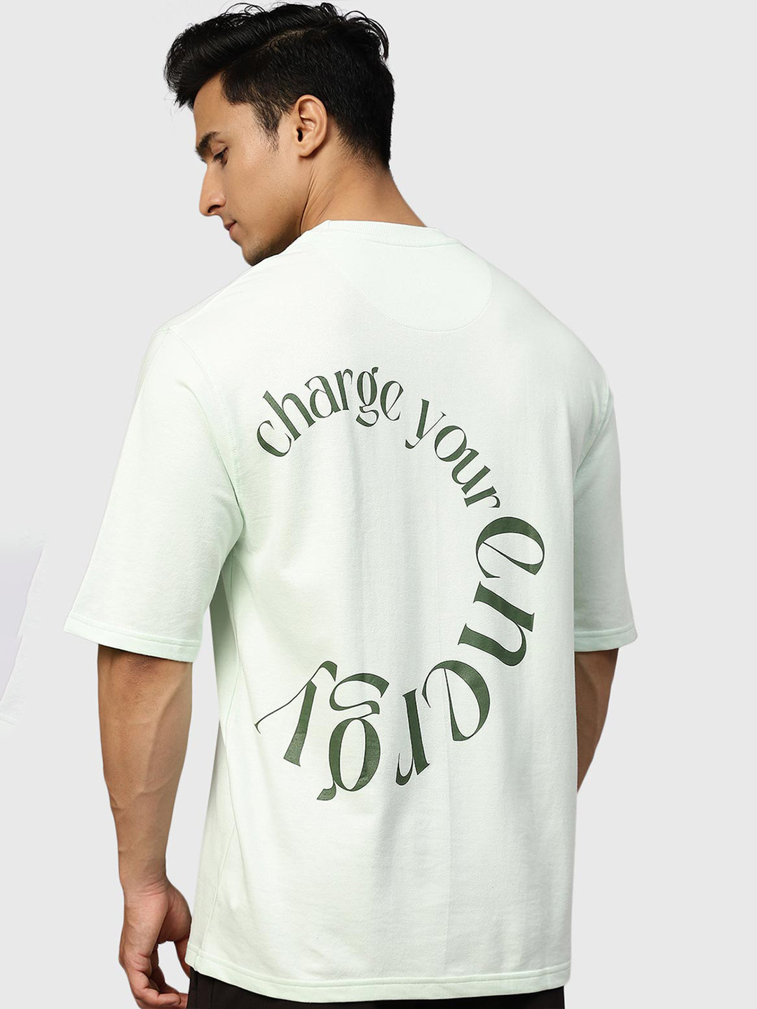 

FUAARK Typography Printed Drop-Shoulder Sleeves Moisture Wicking Oversized Cotton T-shirt, Green