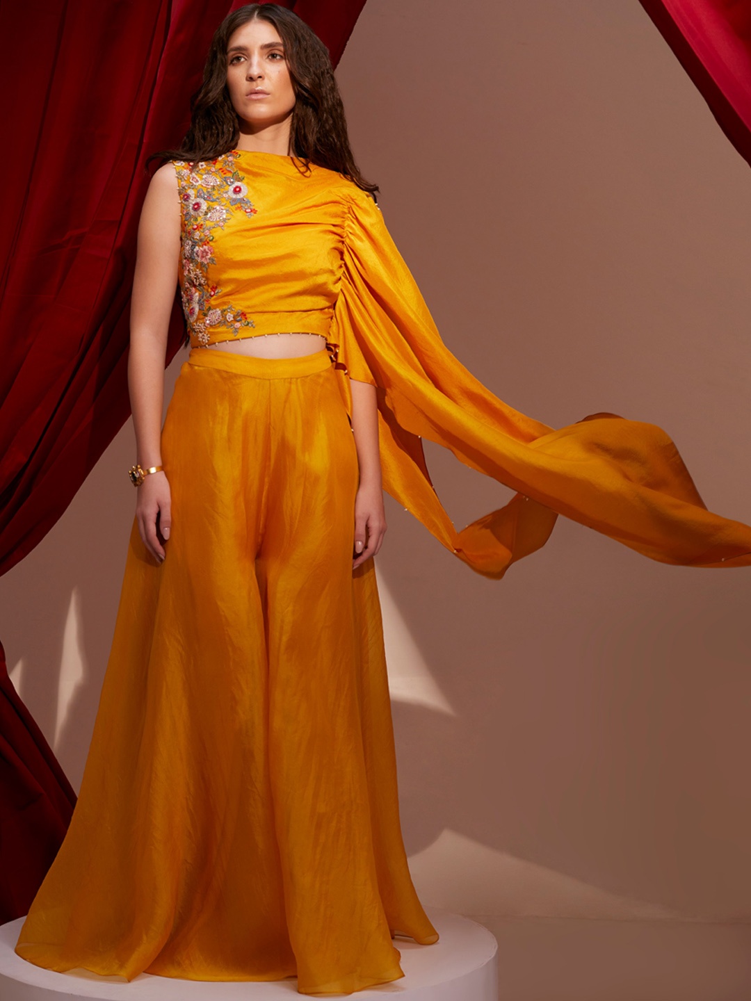 

NEHHA NHATA Floral EmbroideredGathered Pure Silk Top with Sharara, Yellow