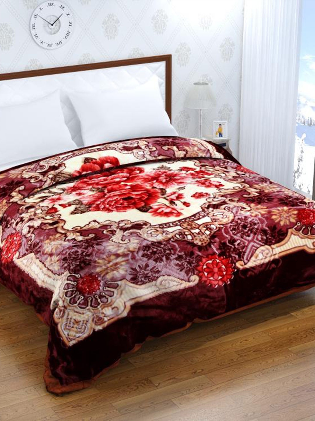 

Florida Maroon & White Floral Mink Heavy Winter 900 GSM Double Bed Blanket